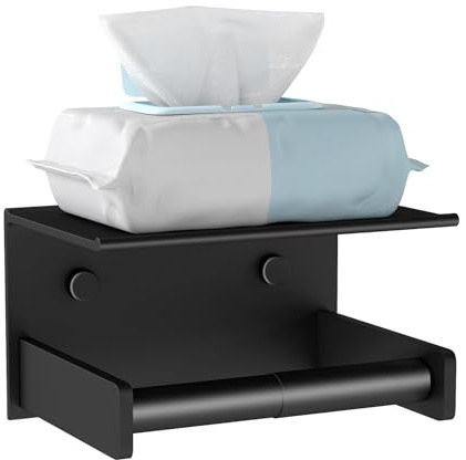 YUMORE Portarrollos de Papel Higiénico con Estante Porta Rollos de Papel Higienico Acero INOX Soporte Papel higiénico Accesorios Baño sin Taladro Negro, Gran tamaño, Adhesivo y Tornillos Fijación