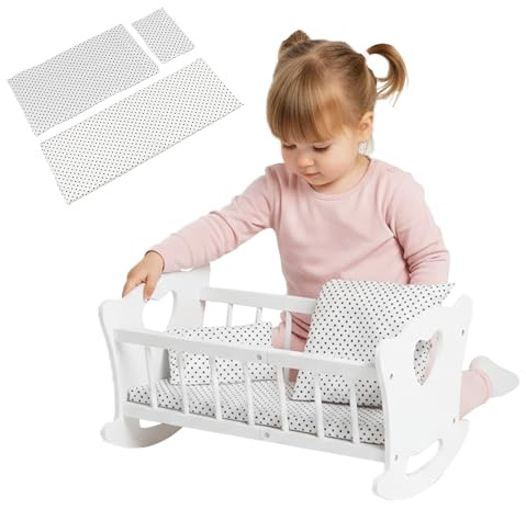 Kinderplay Berceau pour poupée en bois avec parure de lit – Lit de poupée avec matelas, coussin et couverture, berceau à bascule pour poupées jusqu'à 49,5 cm, jouet en bois pour filles à partir de 3