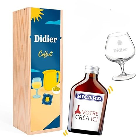 Coffret pastis Bouteille 20cl + verre de 39,5cl - Coffret verre personnalisé et caisse bois pour cadeau unique [ Kit apero a offrir ]