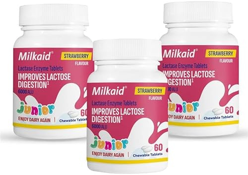 3 x Milkaid Junior Lactase Enzyme Chewable Tablets for Lactose Intolerance Relief | Prevents Gas, Bloating & Diarrhoea | Fast Acting Dairy Digestive Supplement | Gluten Free & Vegan | 180 Tablets