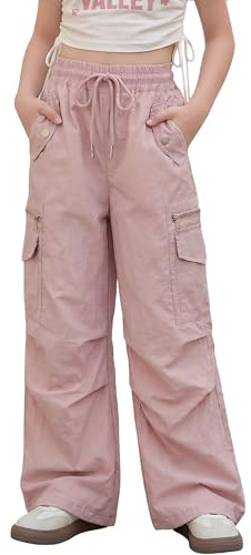 Maeau Girls Cargo Trousers Y2K Quick Dry Hiking Pants Lightweight Streetwear with Zip Pockets Drawstring Baggy Pants for Girls Running Climbing Jogging School Pink 9-10 Years
