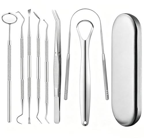 Juego de limpieza dental, eliminador de sarro, utensilios dentales de acero inoxidable, espejo dental, sonda dental, eliminación automática de sarro, intervalos de limpieza dental (8 unidades)