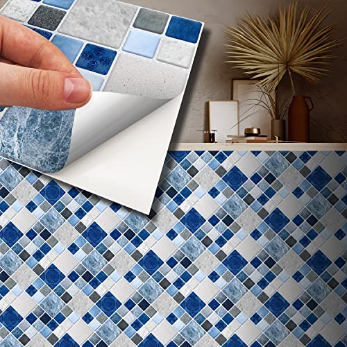 WALPLUS 15cm(6) 24 Pieces Stone Selection Blue and Grey Mosaic Wall Tile Sticker Set Peel and Stick Backsplash Decals Vinyl Home Decors Splashback for Kitchen Bathroom Tile Paint Stick on Wall