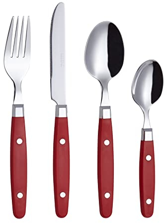 EXZACT Posate 24 pezzi in acciaio inossidabile - con manici per rivetti/Posate stile retrò - 6 forchette da tavola, 6 coltelli da tavola, 6 cucchiai da tavola, 6 cucchiai da tè -Serve 6 (Rosso)