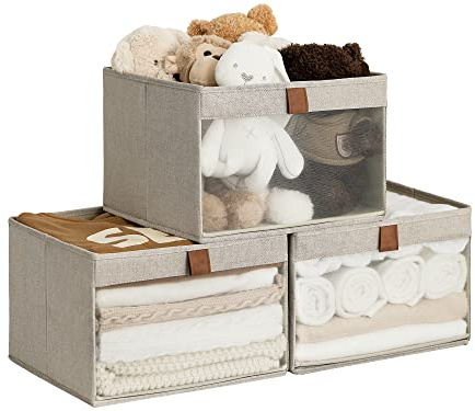StorageWorks Shelf Storage Boxes, Clothes Storage Boxes with Clear Window and Handles, Foldable Storage Baskets for Shelves, Fabric Clothes Wardrobe Organiser for Bedroom, Brown and Beige, 3 Pack