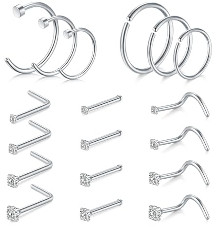 AVYRING Set di piercing per naso, in acciaio chirurgico, con zirconi, per donne e uomini, 22 G, 20 g, 18 G, 20G (0.8mm), Acciaio inossidabile