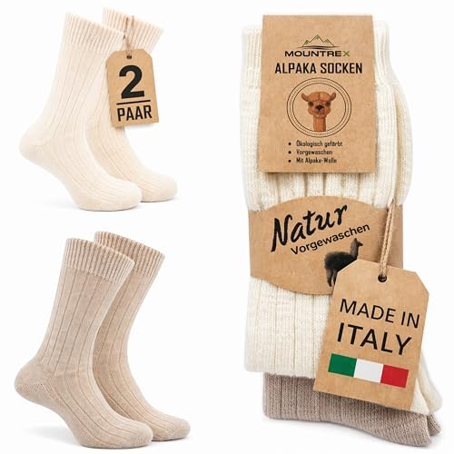 MOUNTREX® Lot de 2 Paires de Chaussettes en Laine d'Alpaga - Pour Homme et Femme, Hiver Chaudes, Thermiques, Fines et Douillettes - Écru/Beige, 43-46
