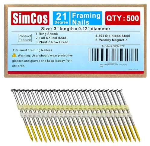 SimCos Framing Nails 304 Stainless Steel 21° Full Round Head Nail 21 Degree Ring Shank Nail for Pneumatic, Electric 21 degree Framing Nailer (3-500 pcs)
