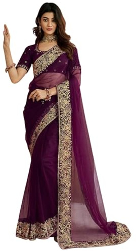 TRAFAART Sari De Red Para Mujer Regalo De Boda Indio Sari Bordado Con Pieza De Blusa Sin Coser Vestido Étnico- Morado