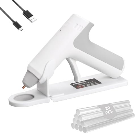DOMINOX Pistola de Pegamento Caliente Inalámbrica con 20 Barras de Silicona, Calentamiento Rápido de 25S, Batería Recargable 2000mAh Type-C, Apagado inteligente, para Arte, Artesanía, DIY, Blanco
