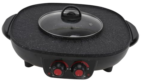 PartyKindom Smokeless Hot Pot Barbecue Grill Non Stick Electric Cooker with Toughened Lid for Home Restaurant Use Triangle Plug Included