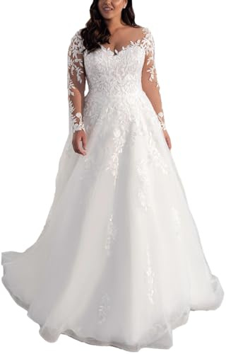 HEULORIA Robe mariée bohème Longue Col V Manche Longue Dentelle Grande Traine Robe de Mariage AL-VN-595 (FR/ES, Numérique, 52, Grande Taille, Taille Normale, White)