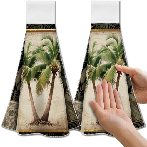 CUTHOLLOW 2Pcs Tropical Palm Trees Tea Towels for Kitchen with Loop, 31.5x43.5cm Soft Super Absorbent Microfiber Decorative Hanging Dish Towel, Tea, Coffee Towel for Kitchen Bathroom Oven Handle
