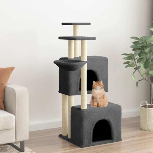 Tiragraffi con colonne in sisal, grigio scuro, 122 cm, torre per gatti con 2 case, cestino, piattaforme, morbido peluche istinto graffio arrampicata relax