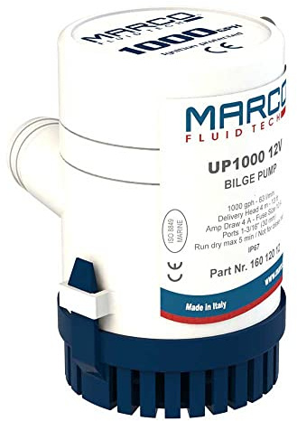 Marco - Bomba de sentina modelo UP 1000 de Marco de 63 l/min, con prevalencia 160, 120, 12, cabezal hidráulico 4 m, aperturas de 28,6 mm, capacidad de flujo: 63 l/min - 1000 gph, consumo en amp:4 A, dimensiones: 124,7 X 78 mm, V: 12