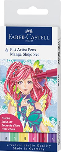 Faber-Castell 167155 Tuschestifte Shôjo Set, Etui mit 6 Pinselstiften in Verschiedenen Farben, Geeignet für Präzises Zeichnen und Kreative Manga-Kunstwerke