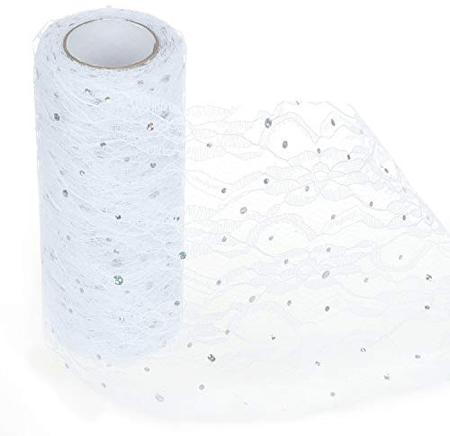 TsunNee 15cm x 9.1m Runner in pizzo, fascia per sedia, materiale tutù, fiocco in pizzo, per decorazioni da tavolo sedia da sposa, lustrino, bianco
