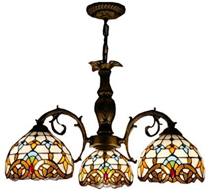 Tiffany Style Chandeliers Vintage Baroque 3 Heads Stained Glass 8 Inch Shade Ceiling Hanging Light Fixtures Pendant Lamp for Bedroom Living Room