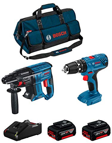 BOSCH Kit 18V BK207BAG (Martello Perforatore GBH 18V-21 + Trapano a Percussione GSB 18V-21 + 2 Batterie di 5,0 Ah + Caricabatterie + Borsa)