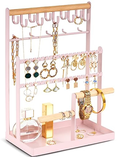 ProCase Jewelry Organizer Stand Necklace Organizer Earring Holder, 6 Tier Jewelry Stand Necklace Holder with 15 Hooks, Jewelry Tower Display Rack Storage Tree for Bracelets Earrings Rings -Pink