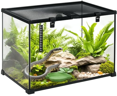 PawHut Boîte à Reptiles boîte d'élevage de Reptiles Habitat de Terrarium Transparent Couvercle Coulissant Treillis métallique Distributeur d'eau thermomètre Inclus Verre métal 50x30x35 cm Noir