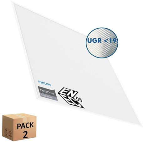 Pack Panel LED 60x60 cm 40W, 2 unidades para Falso Techo, Driver Philips CertaDrive, UGR19, Paneles de Gran Luminosidad 4380 lúmenes, No Flick, Marco Blanco, Driver Incluido (Luz Blanca (5700K))