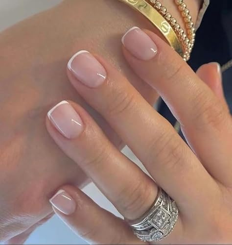 Faux Ongles Court MouyouGlow,Carré Arrondi Nude Naturel Blanc French Press on Nails avec Colle à Ongles,Couleur de peau Acryl Fake Nails