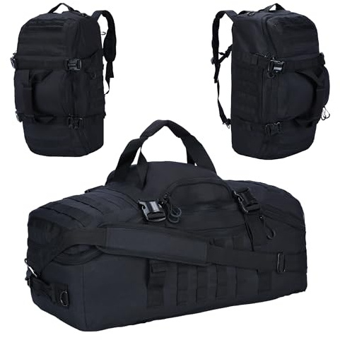 PAIWPHLI Bolsa de gimnasio, mochila de lona 3 en 1, impermeable, bolsa de viaje y deportes para exteriores, táctica, camping y caza, equipo de fin de semana y noche, Negro, 60L US, Bolsa de lona
