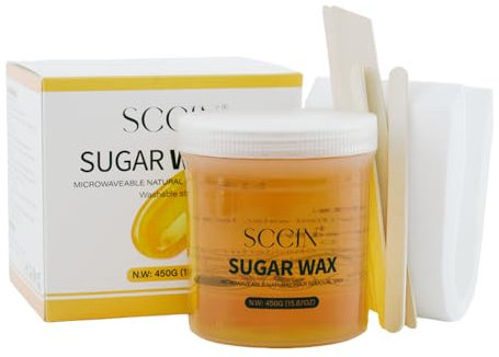 SCCIN 100% Natural Sugar Wax Hair Removal Kit 450G with 20 Washable/Resuable Strips and 4 Wooden Spatulas. Face & Body. Microwavable Depilatory Wax Jar. Washable. Hypoallergenic, for Sensitive Skin.