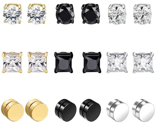 9 Pares Falsos Pendientes Magnéticos de Acero Inoxidable Imán Hombre Pendientes Clip Hombre Sin Agujero Pendiente CZ Magnet Mujer Pendientes Set Plata Negro