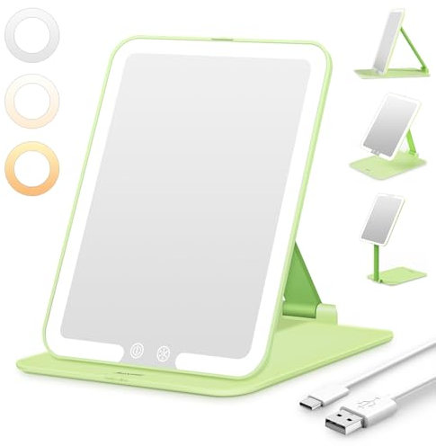 Auxmir Kosmetikspiegel mit Beleuchtung, Ultra Dünn Schminkspiegel mit 3 Lichtfarben, LED Spiegel mit Beleuchtung, USB Wiederaufladbar Tischspiegel Reisespiegel für Schminktisch, Reise, Grün