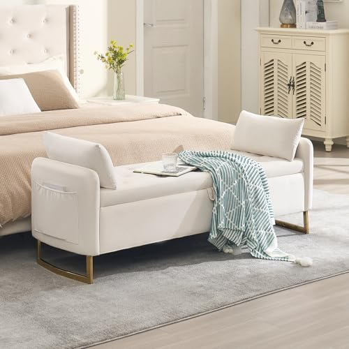 HOMYKA 65 Storage Ottoman Bench, Velvet Storage Bench for Bedroom, End of Bed Storage Bench with Tufted Upholstered and Gold Legs, Bedroom Benches with Arms for Living Room Window and Entryway Beige