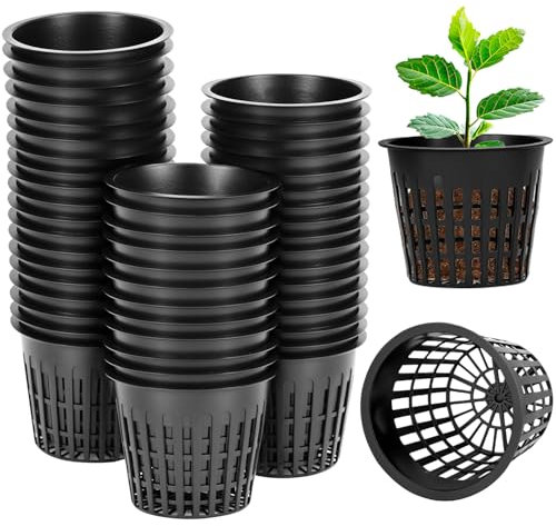 QWORK® Lot de 50 Pots en Filet De Plantation De 8 Cm,Paniers Hydroponie Plastique, pour Culture Hydroponique Et du Sol, Noir