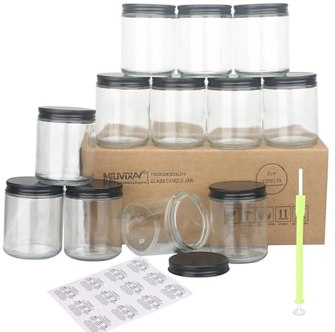 MILIVIXAY Confezione da 12 Barattoli di Vetro Trasparente da 8 OZ con Coperchi Neri in Metallo - Barattoli Vuoti per Fare Candele - Barattoli per Inscatolamento per Spezie, Liquidi, Campioni