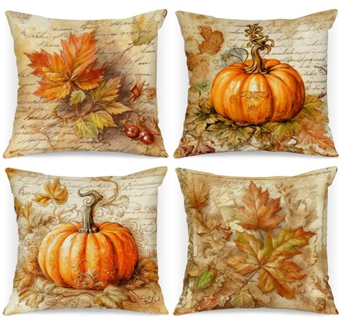 Benjia Lot de 4 pièces Housses de Coussin Déco Automne 50x50 cm, Aquarelle Feuille d'érable Citrouille Taies d'oreiller pour Ferme Thanksgiving Halloween Literie Gris 50 x 50 cm