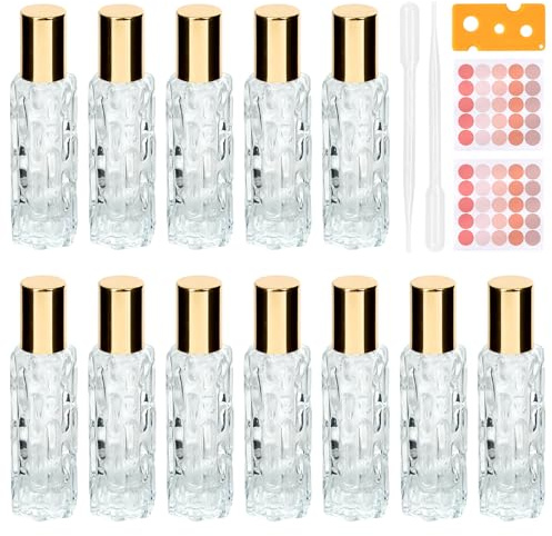 HMIEPRS 12 stycken 10 ml eteriska oljor, rullflaskor, glasflaskor för eterisk olja med rostfritt stål, rullbollöppnare, etiketter, droppare, påfyllningsbar glasrulle för parfym, kosmetika