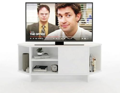 Bimossa Teo Corner TV Stand – Space-Saving TV Unit for 43–48'' TVs, Compact Media Console with Open Shelves & Cabinet, Ready to Assemble, Available in 5 Colours (White)