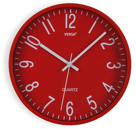 Versa Raven Reloj de Pared Nuevo Mecanismo Y Calidad Mejorada silencioso y Decorativo, para Cocina, Salón o Comedor - Fácil de Leer, Medidas (Al x L x An) 30 x 4,3 x 30 cm, Polipropileno, Color Rojo