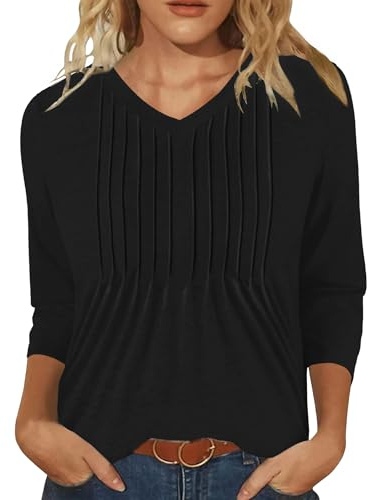 IEEILULU Chemisier Femme Manche 3/4 Haut Fchic et Elegant Tee Shirt Col v Blouse Chic et Élégant Vetement Ete (FR/ES, Alpha/Lettres, M, Taille Normale, Taille Normale, Noir)