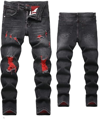 FEOYA Bambino Denim Pantaloni Strappati Larghi Ragazzi Jeans Strappato Casual Ragazzo Denim Pantaloni Elasticizzati Eleganti Jeans Elasticizzato Moda con Tasche Vintage Nero 13 14 Anni