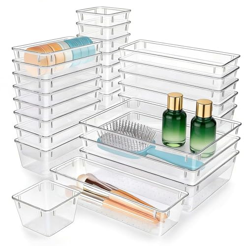 Alyxen 25 Organizzatore Cassetti Trasparente - 4 Misure Diverse - Divisori per Cassetti per Trucco, Ufficio, Cucina, Officina