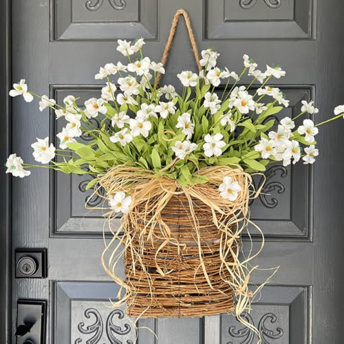Ghirlanda primaverile per porta d'ingresso, ghirlanda floreale con cesto appeso con margherite artificiali per la decorazione primaverile della porta di casa, decorazioni per la casa