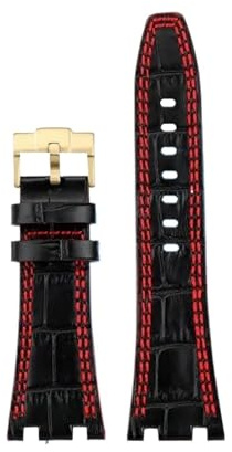 SSNAWBA Bracelet de montre en cuir véritable compatible avec AP Royal Oak Offshore AP15710 15703 26470 26133 - Bracelet de montre en cuir de vache de 28 mm avec goupille crantée., Noir/rouge/doré