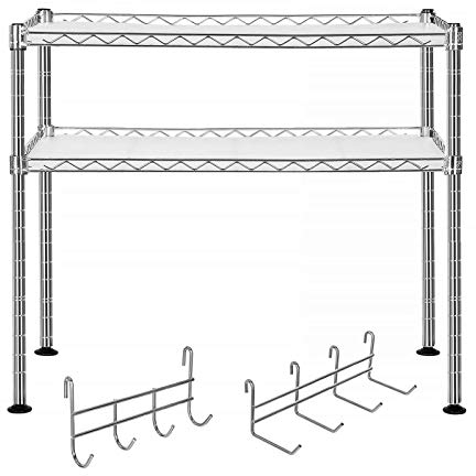 SONGMICS Scaffale per Forno a Microonde, Organizzatore Portaoggetti da Cucina a 2 Ripiani Regolabili, 8 Ganci, Cromato LGR20C