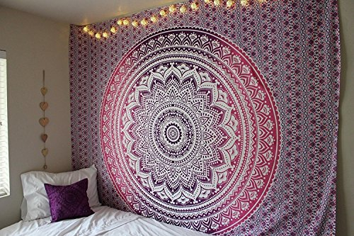 THE ART BOX Indie - Arazzo da parete in cotone, motivo mandala, decorazione per soggiorno, camera da letto, colore: rosa e bianco, 210 x 230 cm