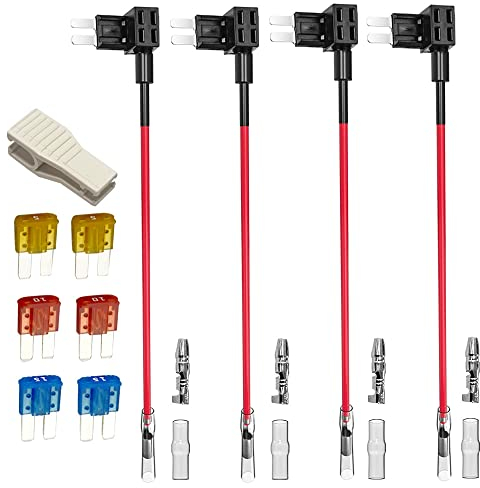 Gebildet 4pcs 12V 24V Micro 2 Add-a-Circuit Autosicherungen Stromdieb, Piggy Back Sicherungshalter mit Kabelbaum, Stecksicherung Verteiler Flachsicherungsadapter mit 6pcs sicherung (5A/10A/15A)