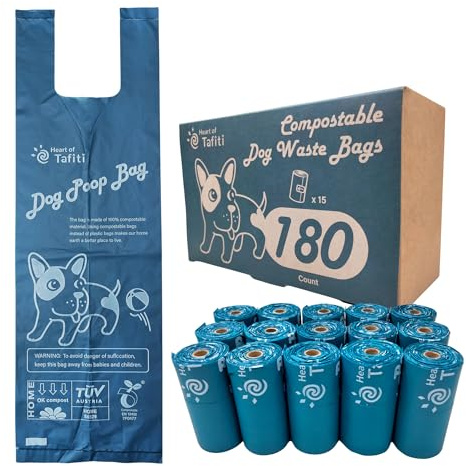 Heart of Tafiti Dog Poop Bags with Handles, 180 Count, Extra Thick Leak-Proof Dog Waste Bags, Certified Compostable, Unscented & Eco-Friendly, 9 x 13 inch (16 inch w/Handles)