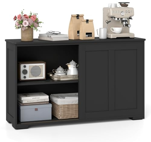 GIANTEX Aparador Bajo con Puertas, Mueble de Cocina con Estante Ajustable en Altura y Puertas Correderas, 106,5 x 33 x 60 cm, Mueble Auxiliar para Cocina, Salón y Pasillo (Negro)