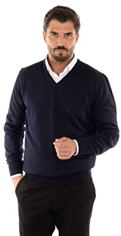 Maglione Uomo Invernale in Lana Merinos Made in Italy Pullover Scollo a V Regular Fit (as6, Alpha, x_l, Regular, Regular, Blu, XL)