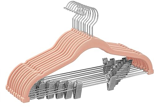 SONGMICS Grucce Pantaloni con Pinze, 10 Pezzi, Grucce Appendiabiti in Velluto, 42,5 cm, Appendini con Pinze Regolabili, Salvaspazio, Antiscivolo, per Gonne, Cappotti, Rosa Chiaro CRF012R10